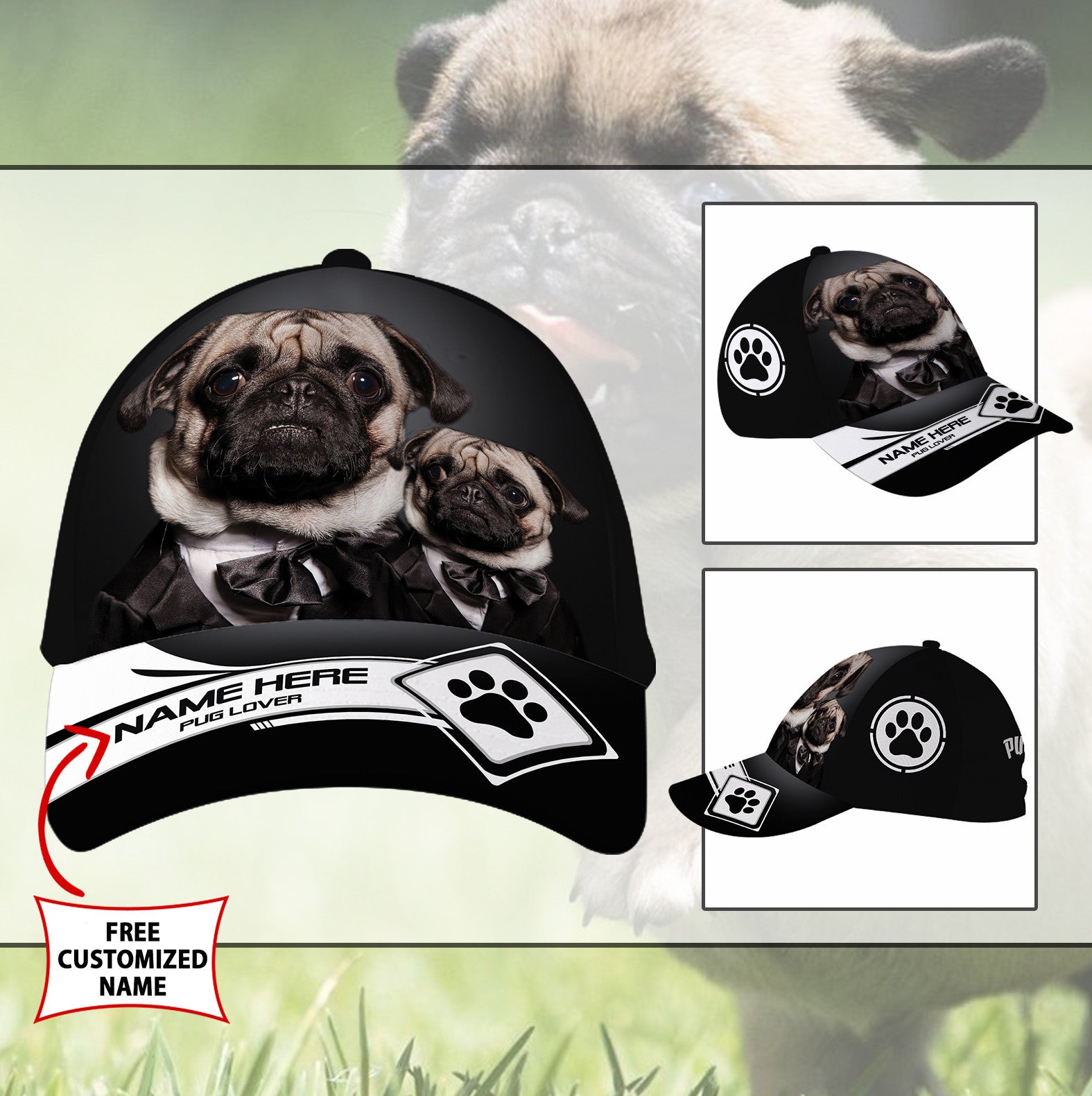 Personalized Cool Pug Dog Hat Classic Cap Trucker Hats Custom Hats Gifts For Men & Women