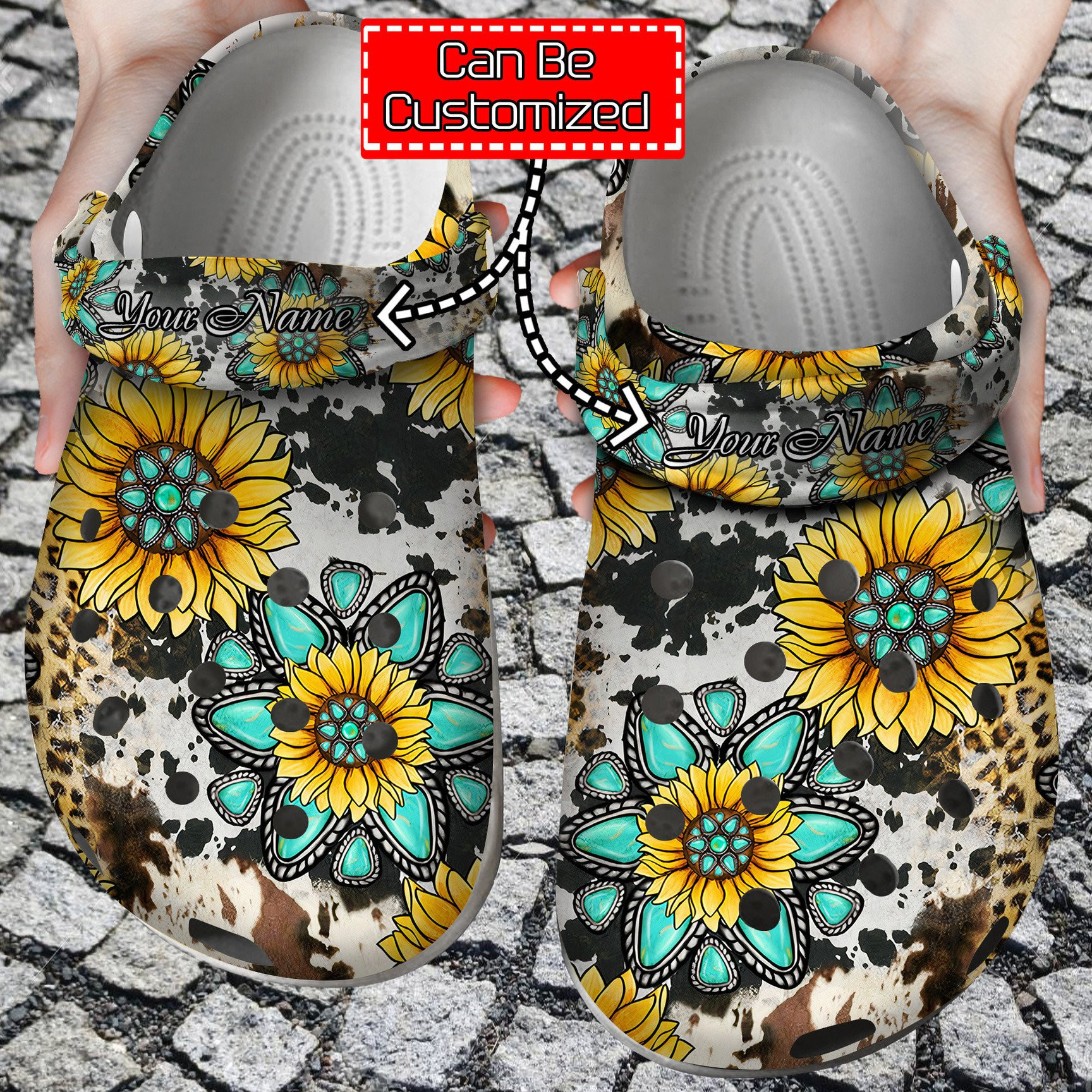 Personalized Cowhide Gemstone Sunflower clog Shoes Sunflower Print