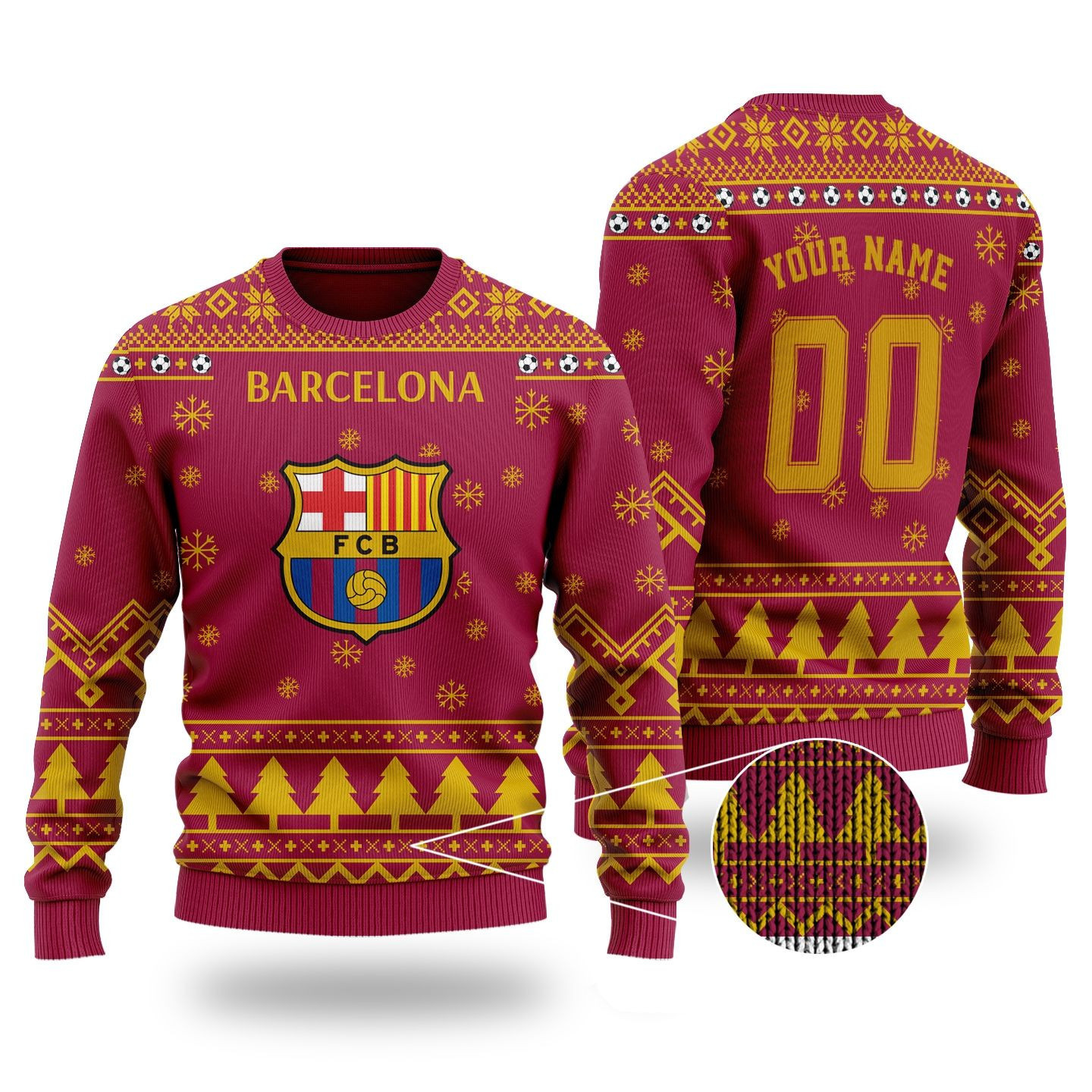 Personalized Custom Name And Number Barcelona Christmas For Fans Ugly Christmas Sweater Adult 3D Funny Matching for family