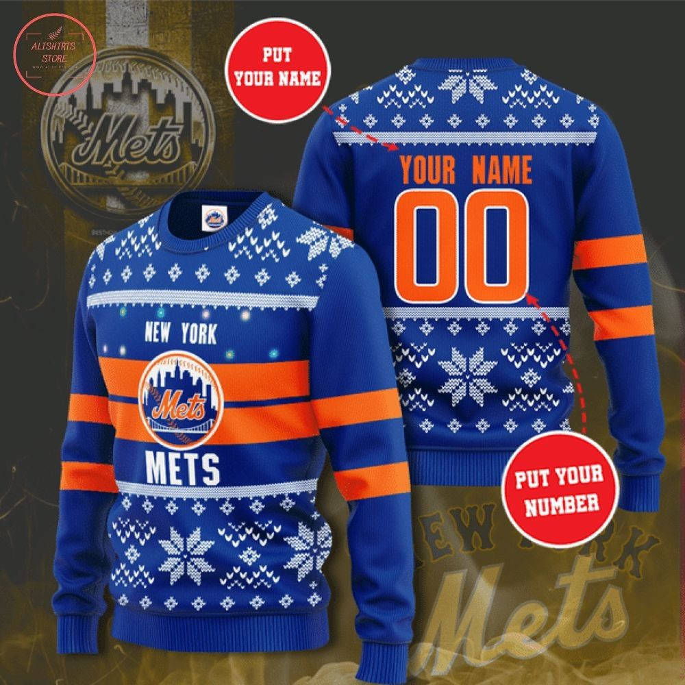 Personalized Custom Name And Number New York Mets Christmas For Fans Ugly Christmas Sweater Adult 3D Funny Matching for family
