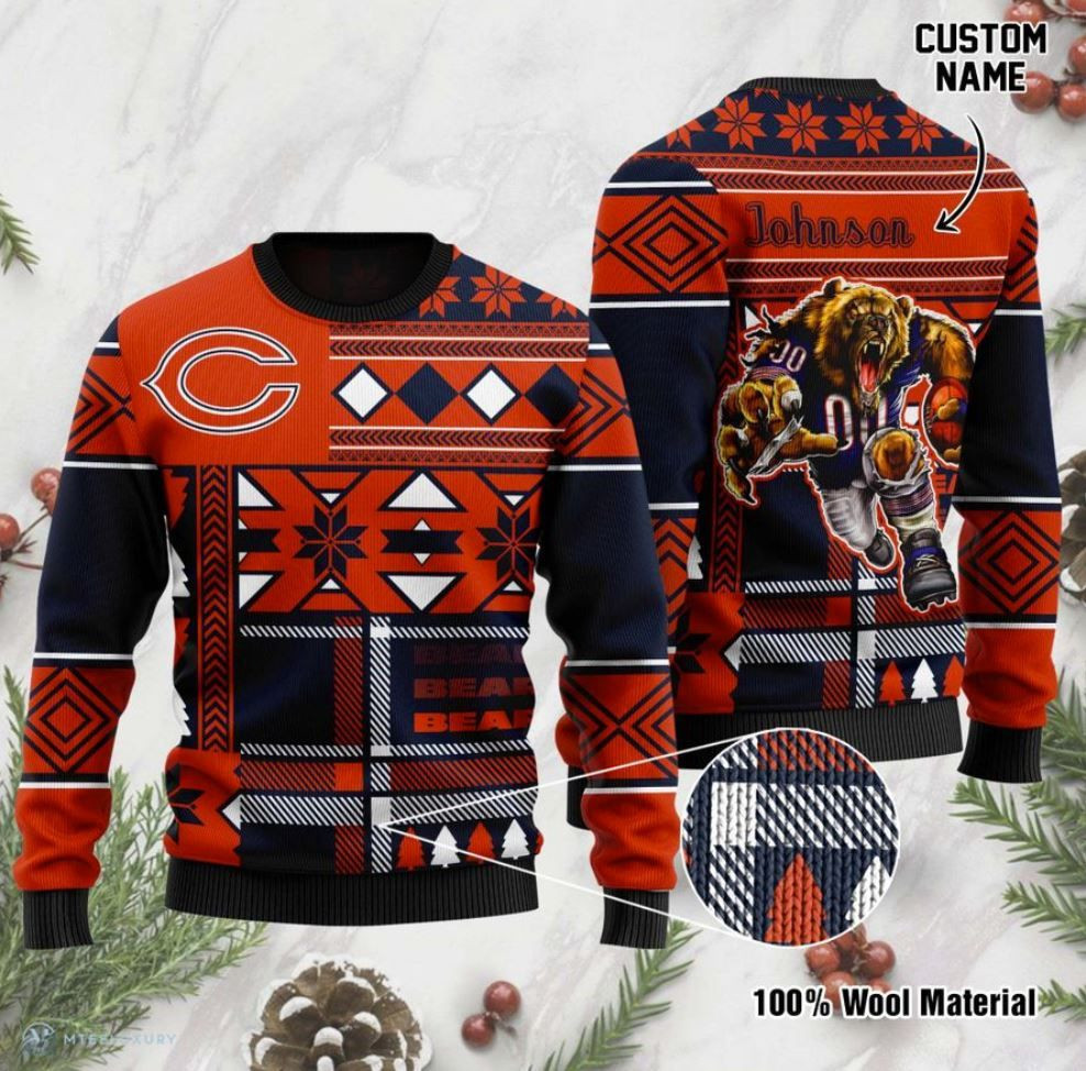 Personalized Custom Name Chicago Bears For Fans Ugly Christmas Sweater Adult 3D Funny Matching for family