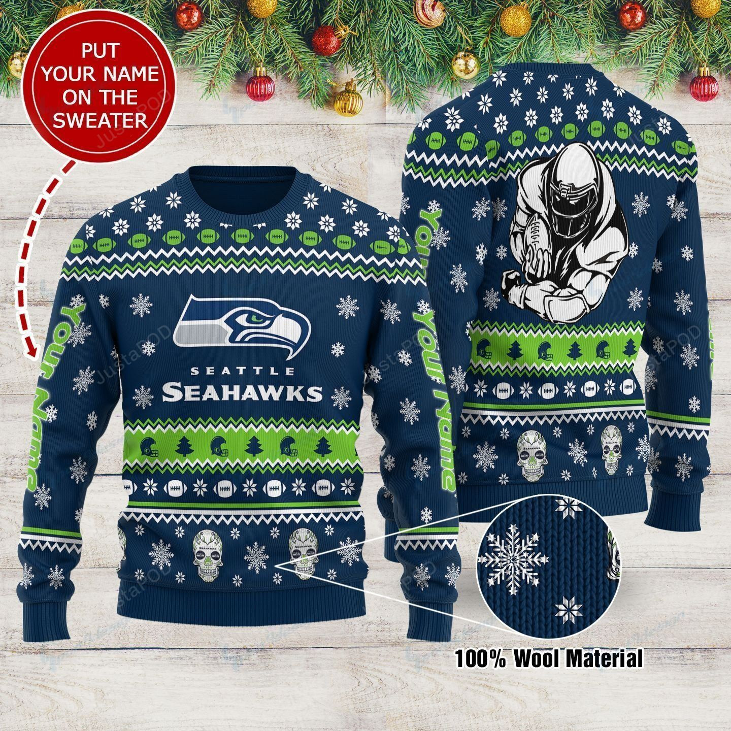Personalized Custom Name Seattle Seahawks Ugly Christmas Sweater Adult 3D Funny Matching for family