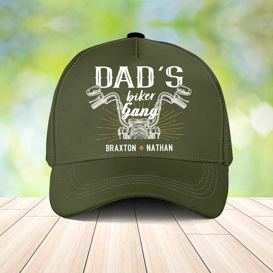 Personalized Dad Biker Gang Classic Cap, Dad Biker Lovers with Kid Names Hat for Father Trucker Hats Custom Hats Gifts For Men & Women