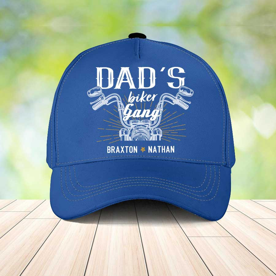 Personalized Dad Biker Gang Classic Cap, Dad Biker Lovers with Kid Names Hat for Father Trucker Hats Custom Hats Gifts For Men & Women