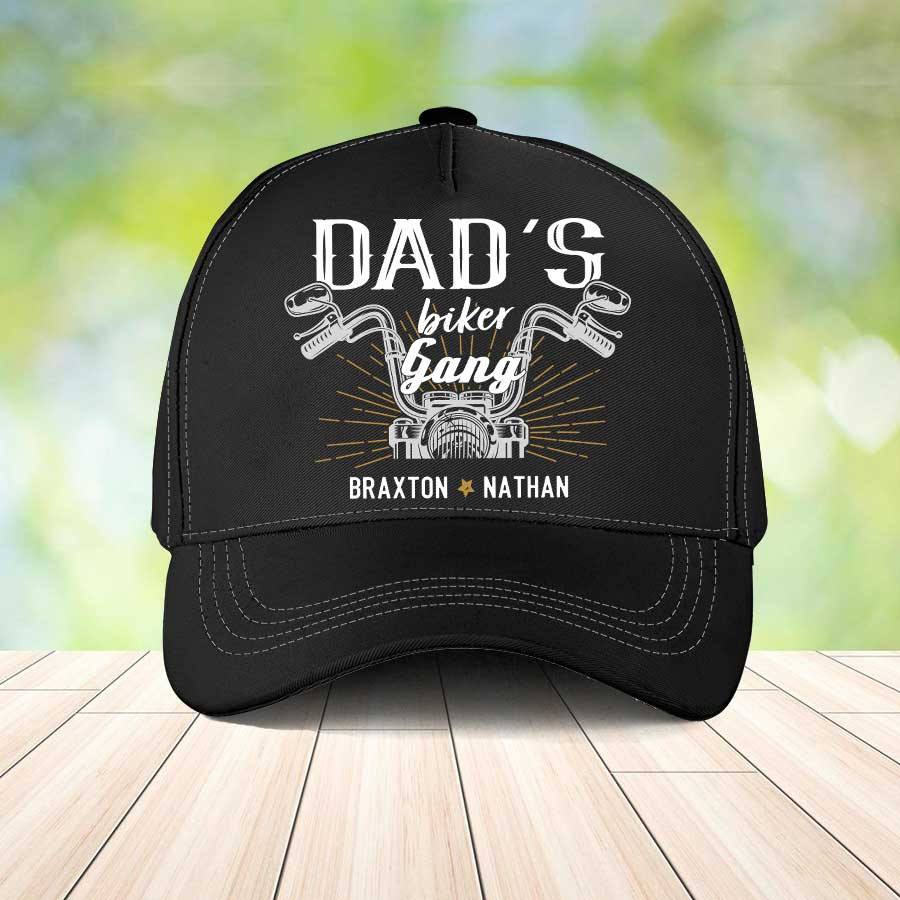 Personalized Dad Biker Gang Classic Cap, Dad Biker Lovers with Kid Names Hat for Father Trucker Hats Custom Hats Gifts For Men & Women