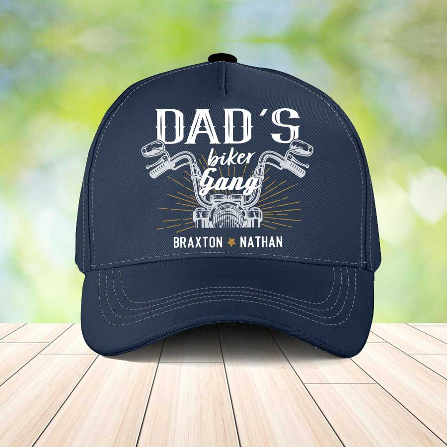 Personalized Dad Biker Gang Classic Cap, Dad Biker Lovers with Kid Names Hat for Father Trucker Hats Custom Hats Gifts For Men & Women