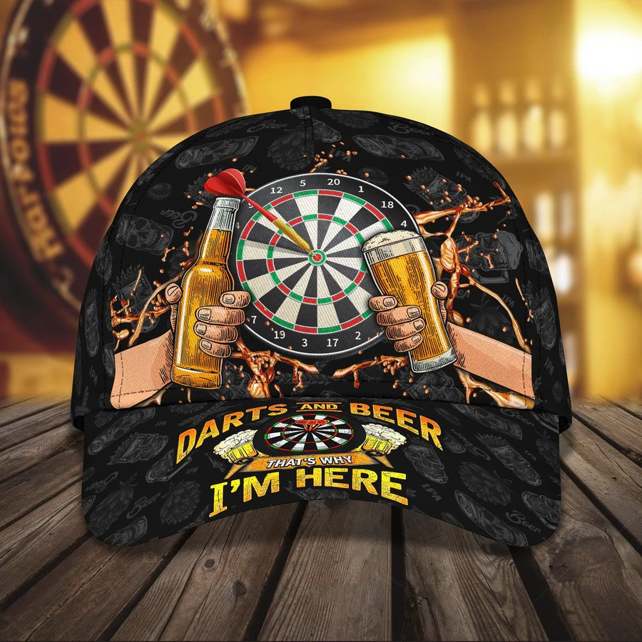 Personalized Dart & Beer I'm Here 3D Baseball Cap, Dart Hat for Man Dart Lovers, 3D All Over Printed Dart Hat for Husband Trucker Hats Custom Hats Gifts For Men & Women