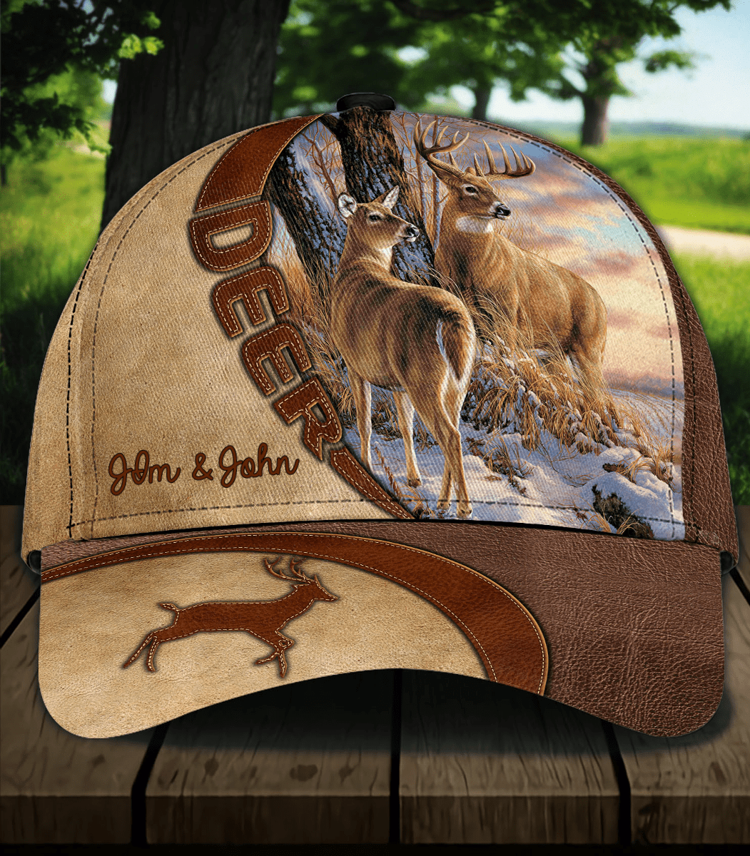 Personalized Deer Couple Cap for Husband and Wife, Deer Wedding Anniversary 3D Cap for Her Trucker Hats Custom Hats Gifts For Men & Women