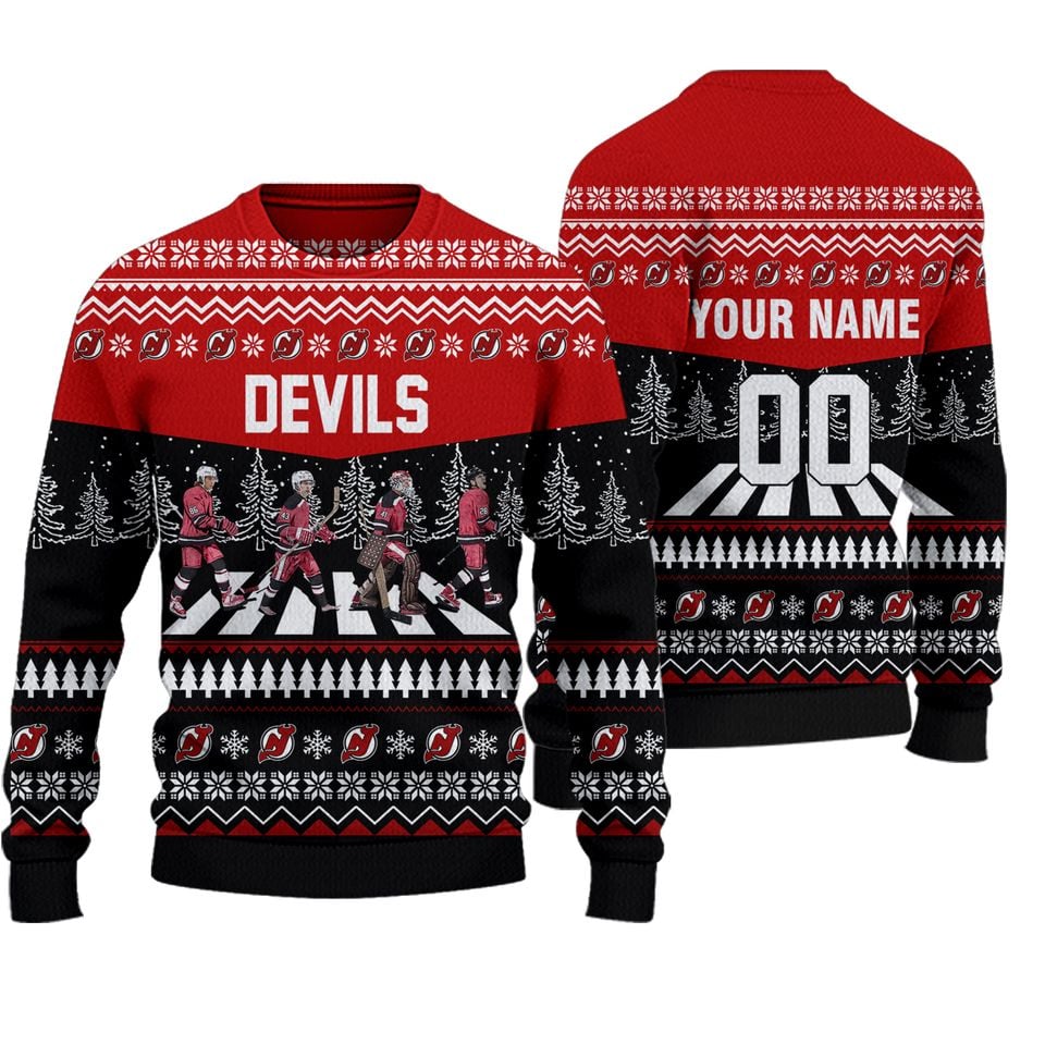 Personalized Devils Walking Abbey Road Ice Hockey Christmas Ugly Sweater