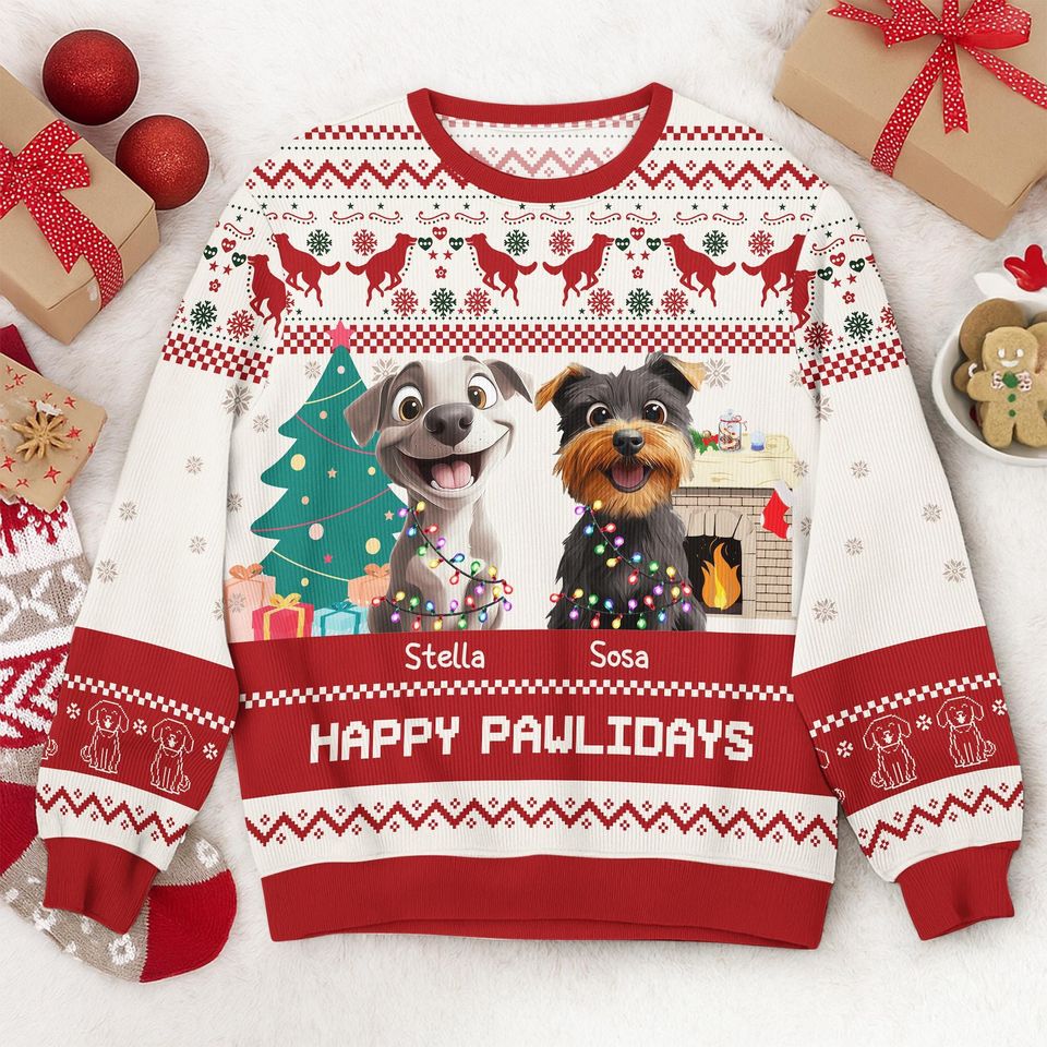 Personalized Dog Christmas Sweater | Happy Pawlidays Ugly Holiday Sweatshirt | Custom Pet Name Sweater | Funny Holiday Gift for Dog Lovers