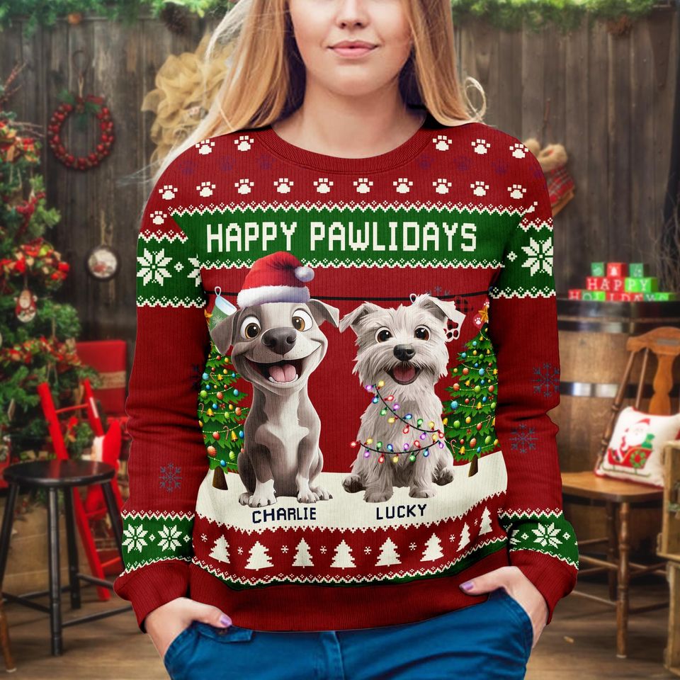 Personalized Dog Christmas Sweater | Happy Pawlidays Ugly Sweater | Custom Pet Name Sweatshirt | Funny Holiday Gift for Dog Lovers