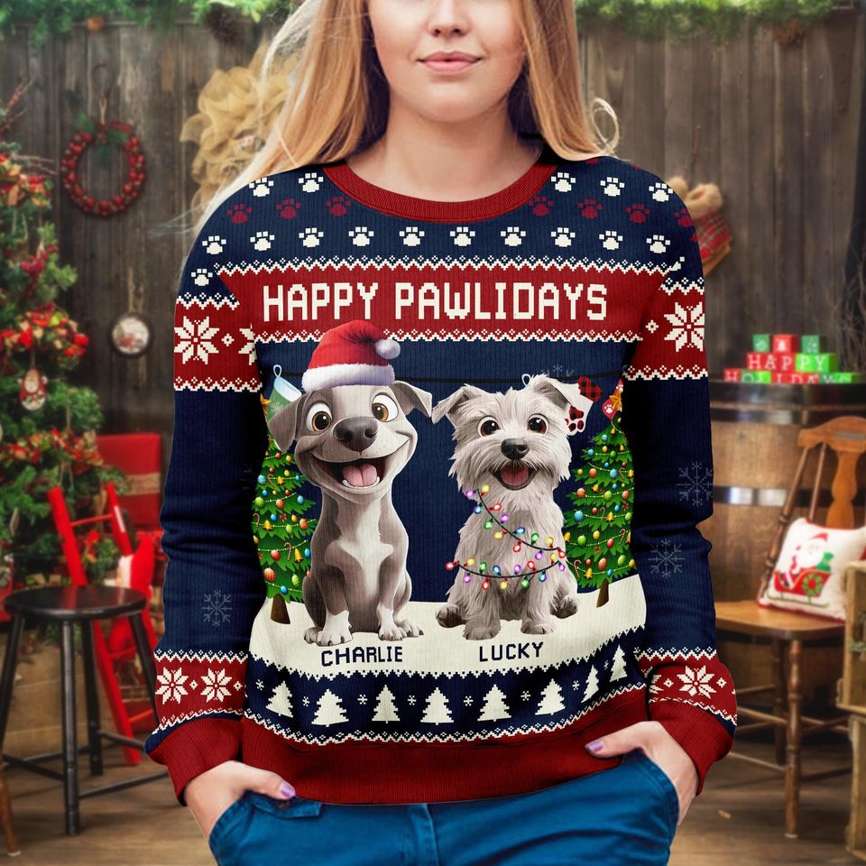 Personalized Dog Christmas Sweater | Happy Pawlidays Ugly Sweater | Custom Pet Name Sweatshirt | Funny Holiday Gift for Dog Lovers - Image 2