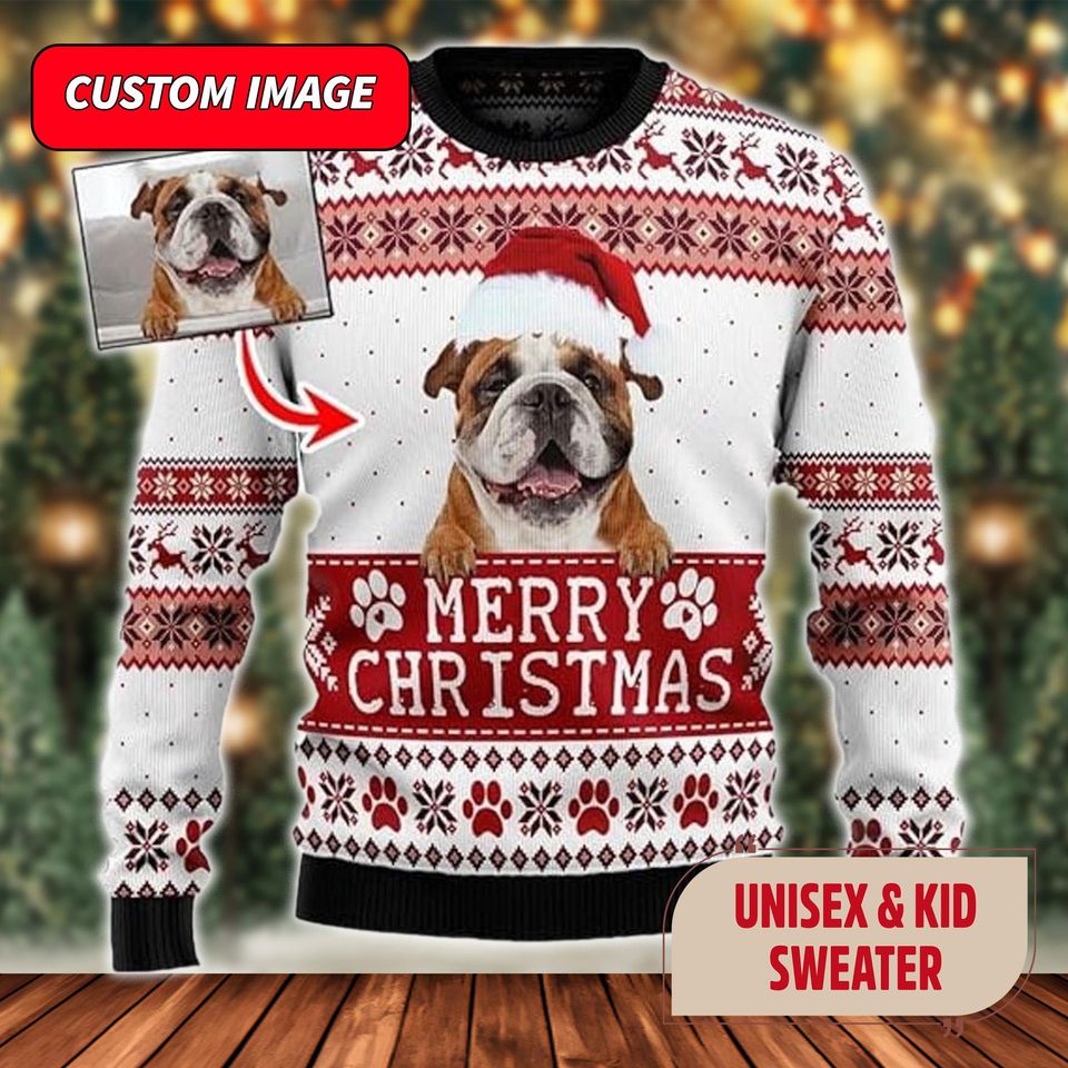 Personalized Dog Photo Ugly Christmas Sweater, Dog Photo Santa Hat Xmas Sweatshirt - Image 3