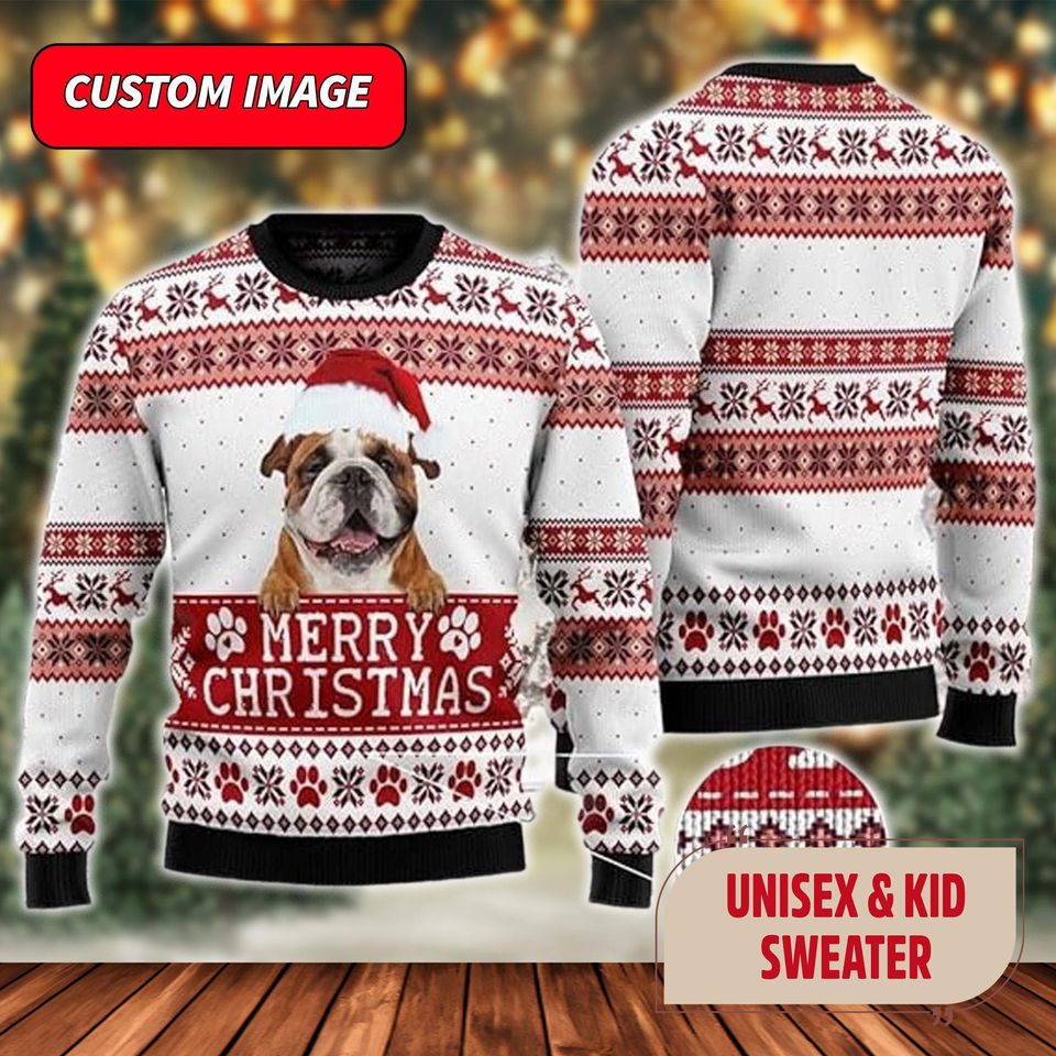 Personalized Dog Photo Ugly Christmas Sweater, Dog Photo Santa Hat Xmas Sweatshirt