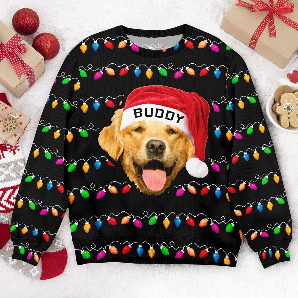 Personalized Dog Ugly Christmas Sweater, Custom Pet Face Sweatshirt with Santa Hat & Lights, Funny Dog Lover Gift, Pet Christmas Outfit