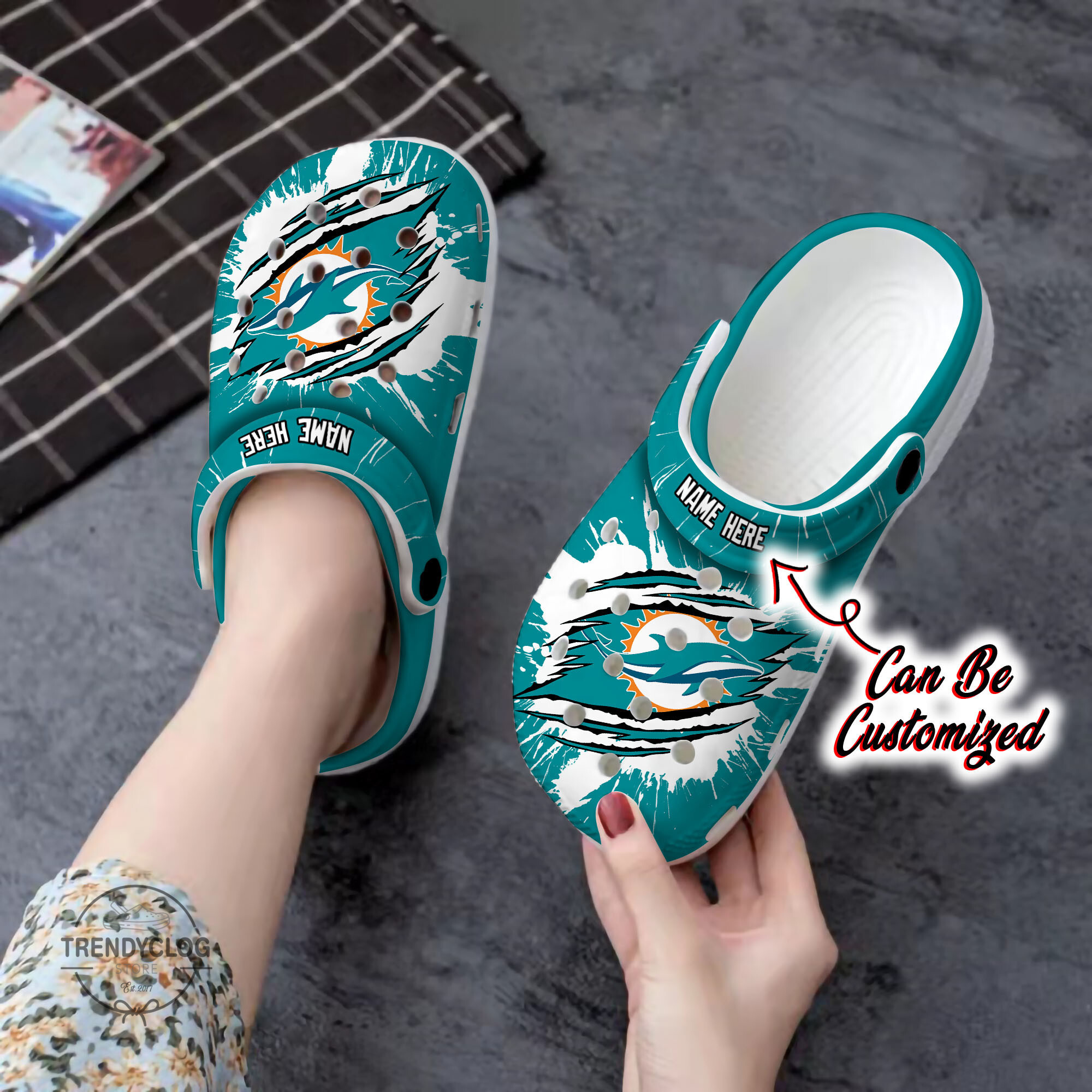 Personalized Dolphins Football Ripped Claw Clog Shoes