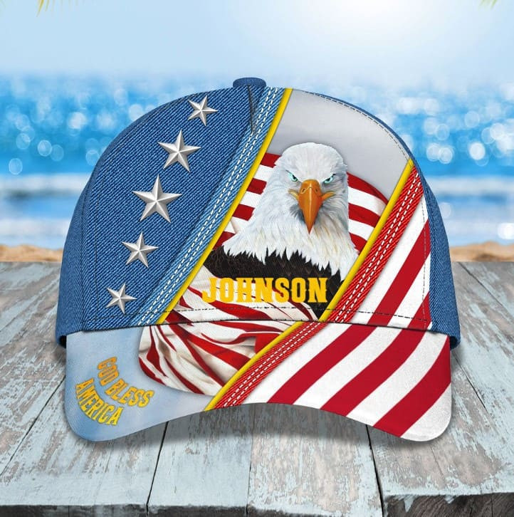 Personalized Eagle US Flag Jean Pattern Cap for Men, God bless America Hat for Husband Birthday Gift Trucker Hats Custom Hats Gifts For Men & Women