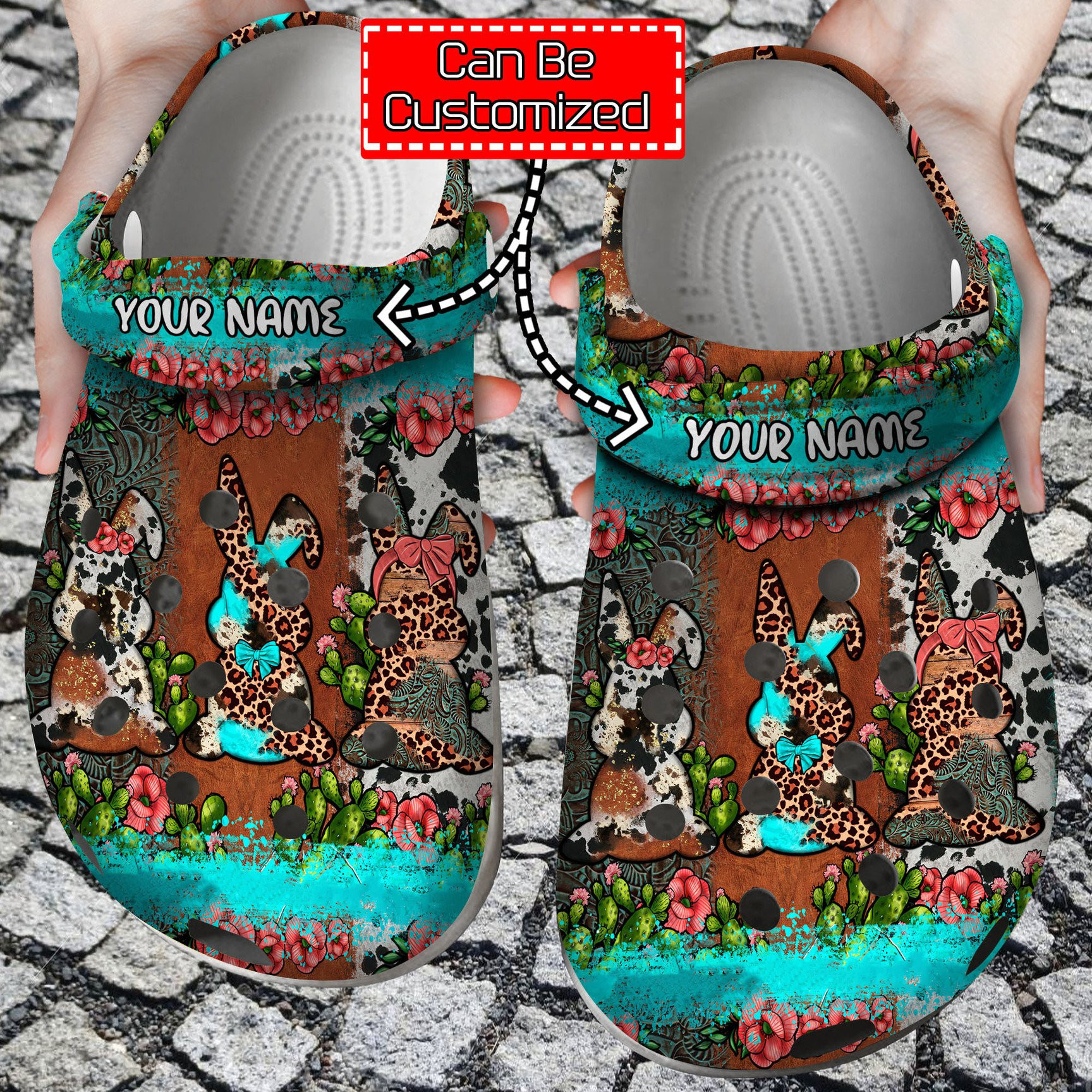 Personalized Easter Bunnies Leopard Cowhide Cactus clog Shoes Easter