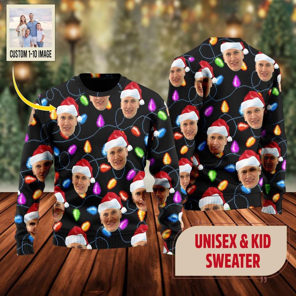 Personalized Face Christmas Family Leds Xmas Sweatshirt, Custom Family Photo Sweater