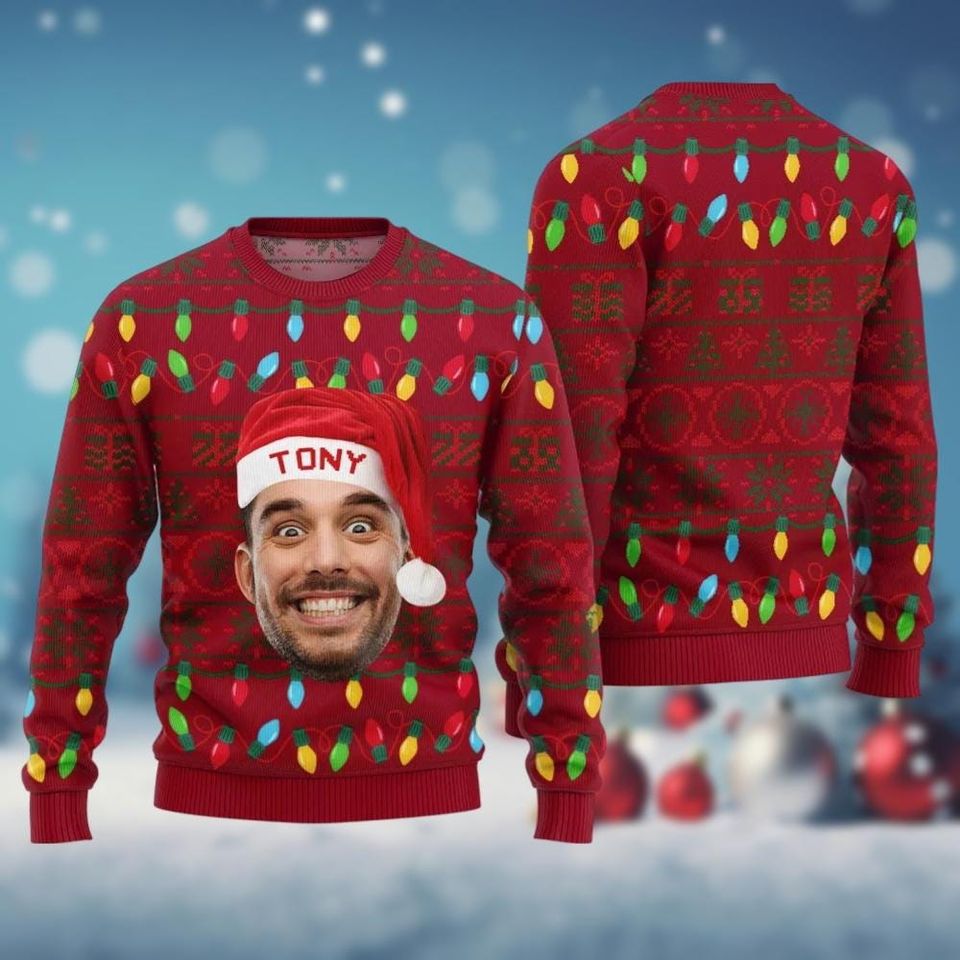 Personalized Face Christmas Lights Ugly Sweater, Custom Name Christmas Sweater