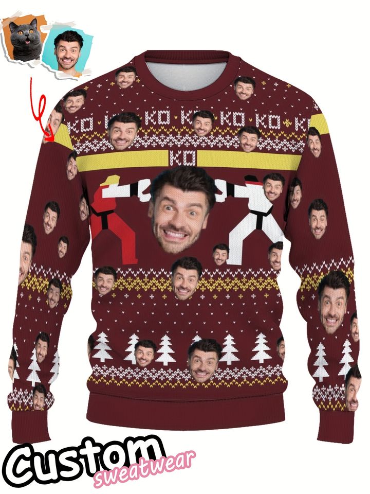 Personalized Face Christmas Sweater, Santa Reindeer Snowflake Design