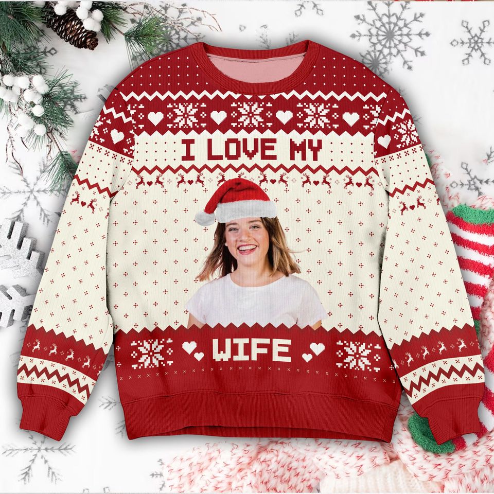 Personalized Face Christmas Ugly Sweater, I Love My Wife Ugly Sweater