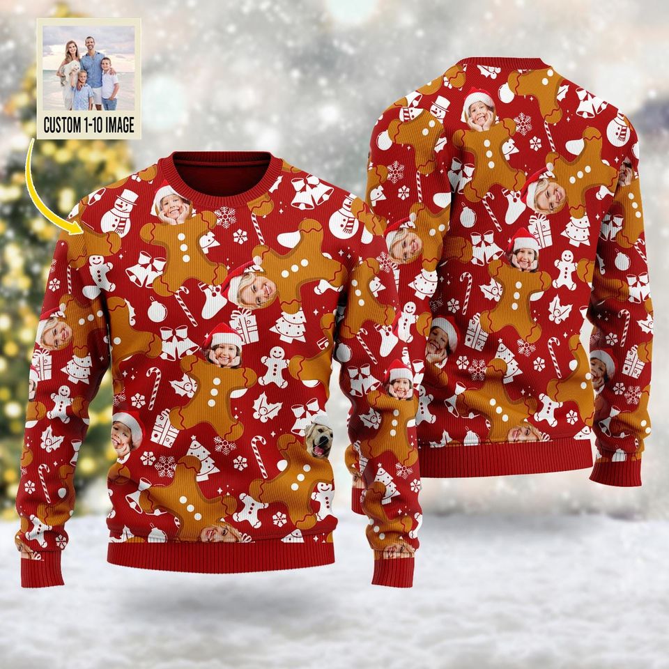 Personalized Face Funny Gingerbread Ugly Christmas Sweater, Custom Photo Xmas Sweatshirt