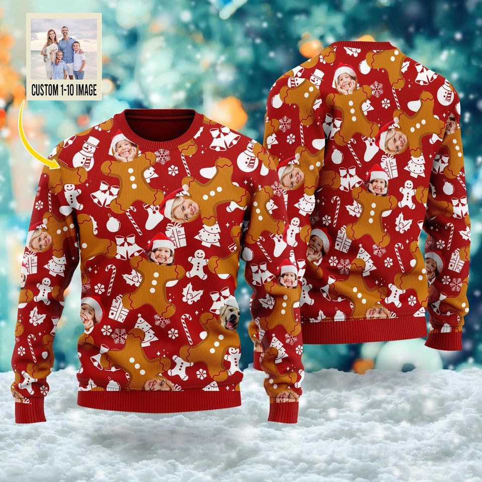 Personalized Face Funny Gingerbread Ugly Christmas Sweater, Custom Photo Xmas Sweatshirt - Image 3