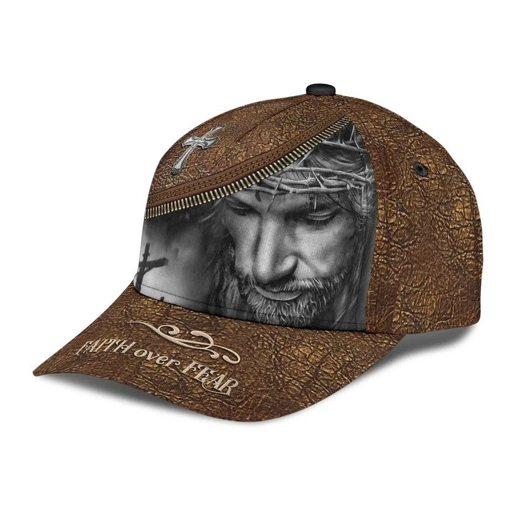 Personalized Faith Over Fear Jesus Christ Cap 3D All Over Prints Hat for Christian Trucker Hats Custom Hats Gifts For Men & Women