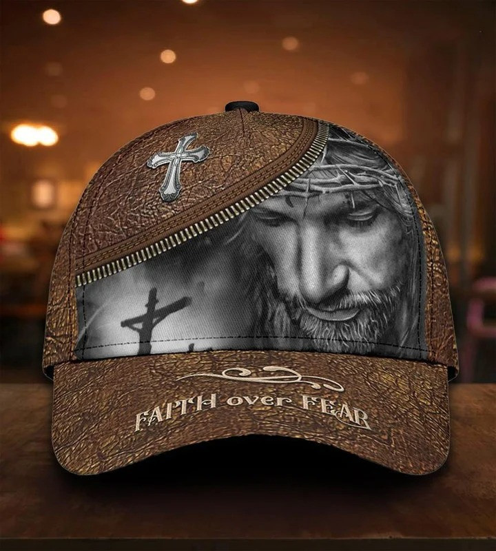 Personalized Faith Over Fear Jesus Christ Cap 3D All Over Prints Hat for Christian Trucker Hats Custom Hats Gifts For Men & Women