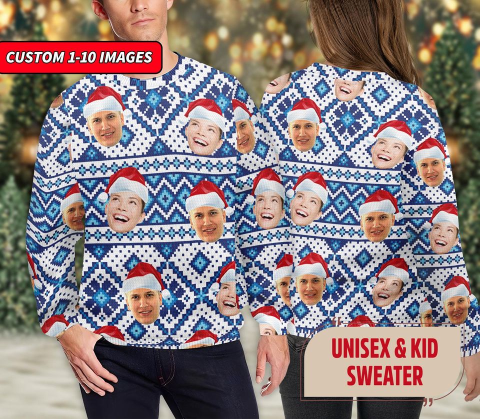 Personalized Family Face Ugly Christmas Sweater, Snit Pattern Xmas