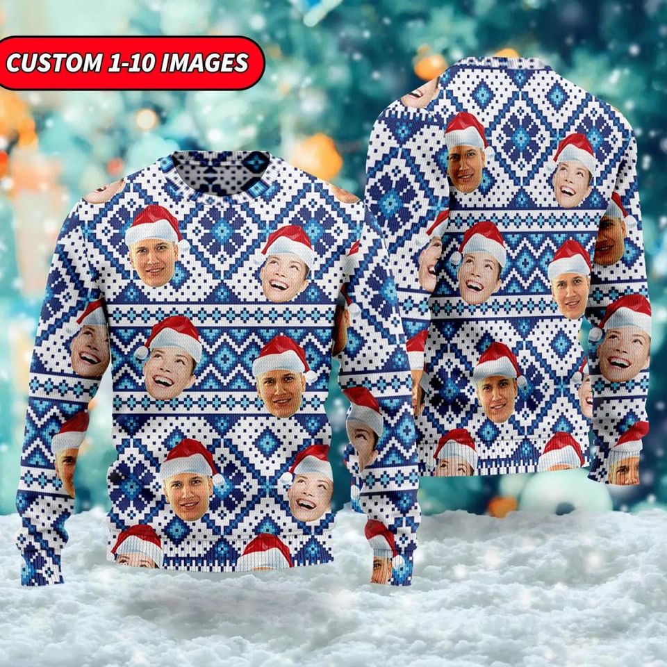 Personalized Family Face Ugly Christmas Sweater, Snit Pattern Xmas Sweatshirt