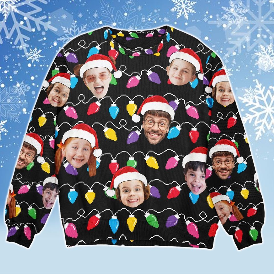 Personalized Family Photo Ugly Sweater, Custom Face Christmas Family Xmas Leds
