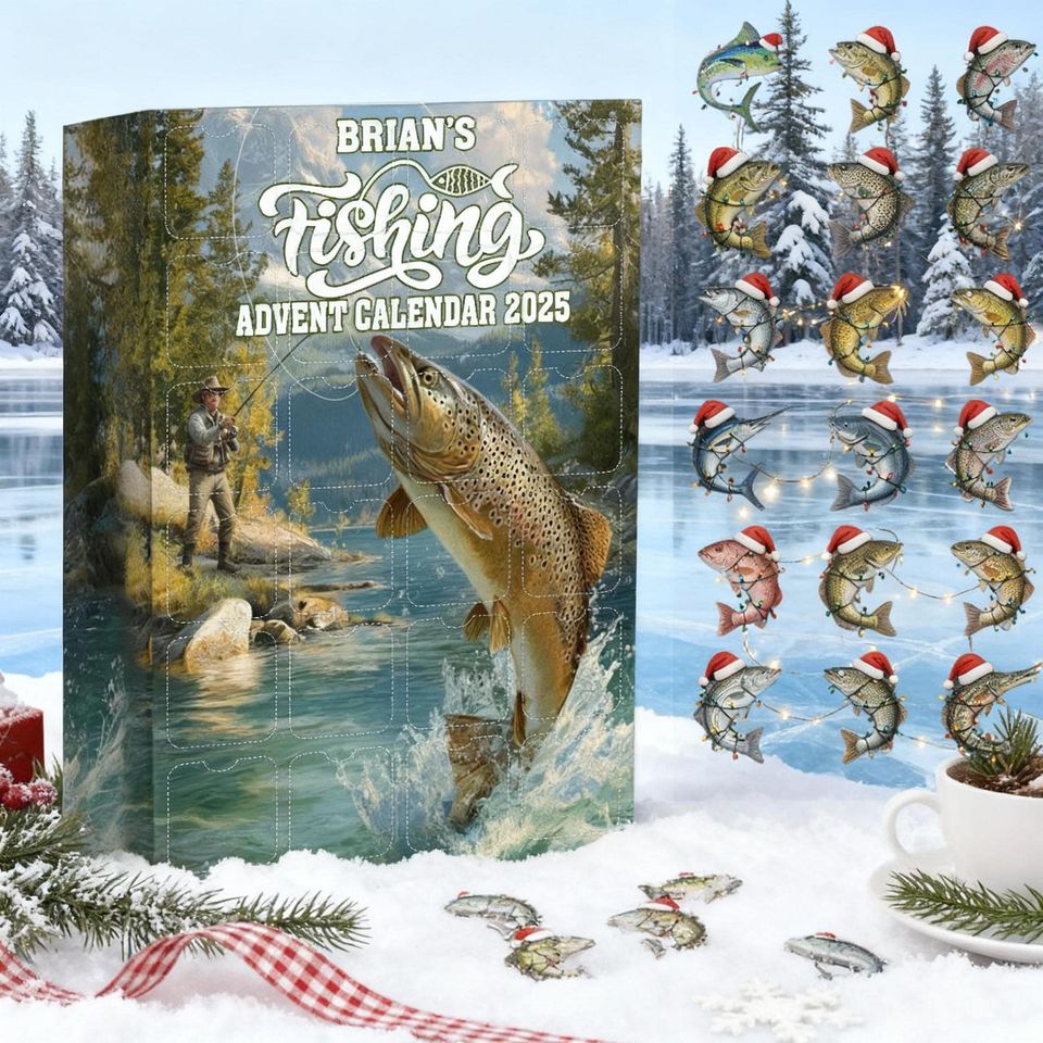 Personalized Fishing Advent Calendar 2025, 24 Days Fish Ornaments, Fisherman Christmas Countdown Gift, Angler Decor