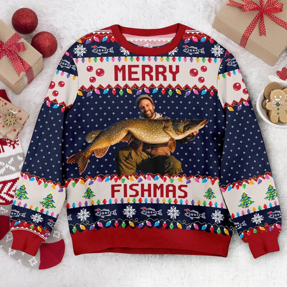 Personalized Fishing Christmas Ugly Sweater, Merry Fishmas Photo Ugly Sweater