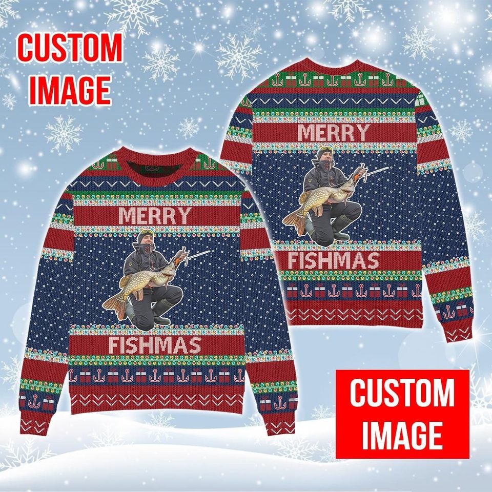 Personalized Fishing Christmas Ugly Sweater, Merry Fishmas Ugly Christmas Sweater - Image 2