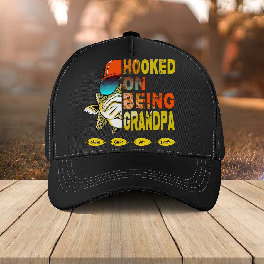 Personalized Fishing Papa Hats, Hook on being Grandpa Classic Cap with Grandkid Names Trucker Hats Custom Hats Gifts For Men & Women