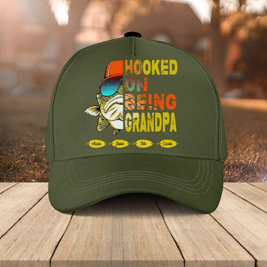 Personalized Fishing Papa Hats, Hook on being Grandpa Classic Cap with Grandkid Names Trucker Hats Custom Hats Gifts For Men & Women
