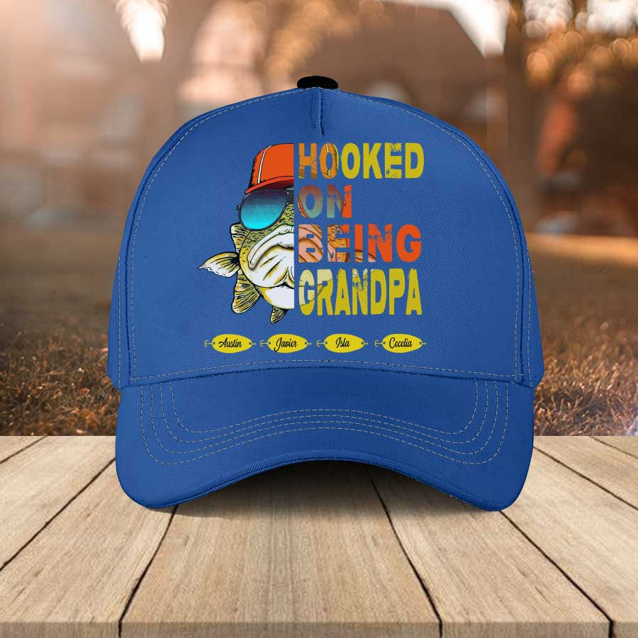 Personalized Fishing Papa Hats, Hook on being Grandpa Classic Cap with Grandkid Names Trucker Hats Custom Hats Gifts For Men & Women