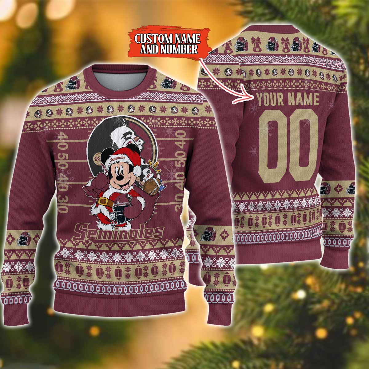 Personalized Florida State Seminoles Mickey Ugly Christmas Sweater Adult 3D Funny Matching for family