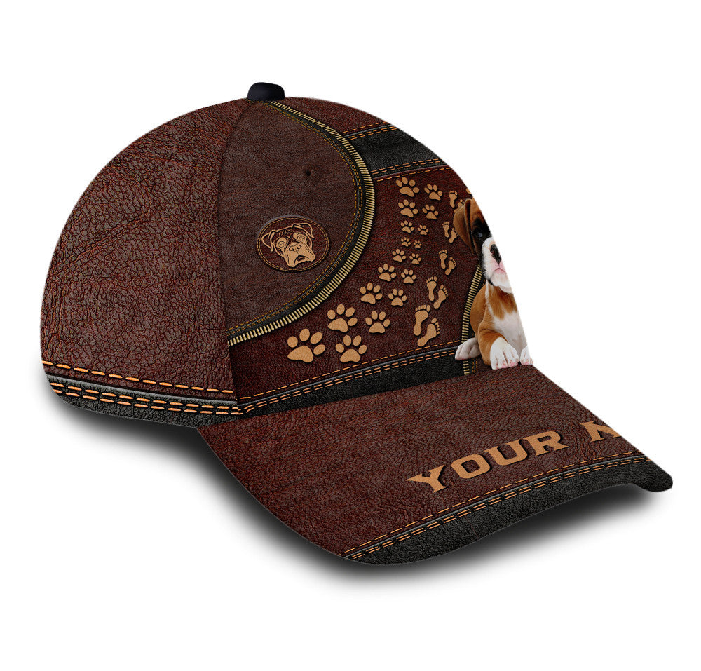 Personalized Footprint Boxer Dog Leather Hat Classic Cap Trucker Hats Custom Hats Gifts For Men & Women