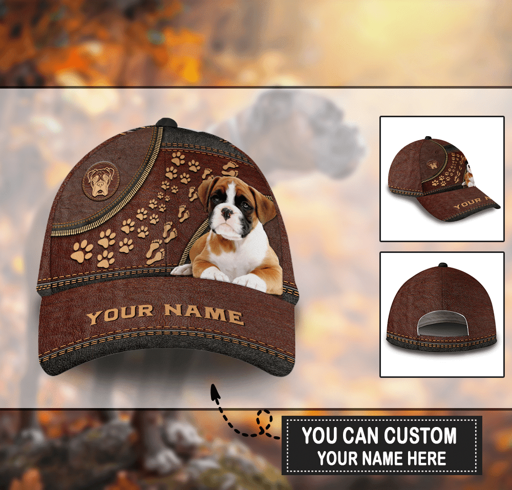 Personalized Footprint Boxer Dog Leather Hat Classic Cap Trucker Hats Custom Hats Gifts For Men & Women