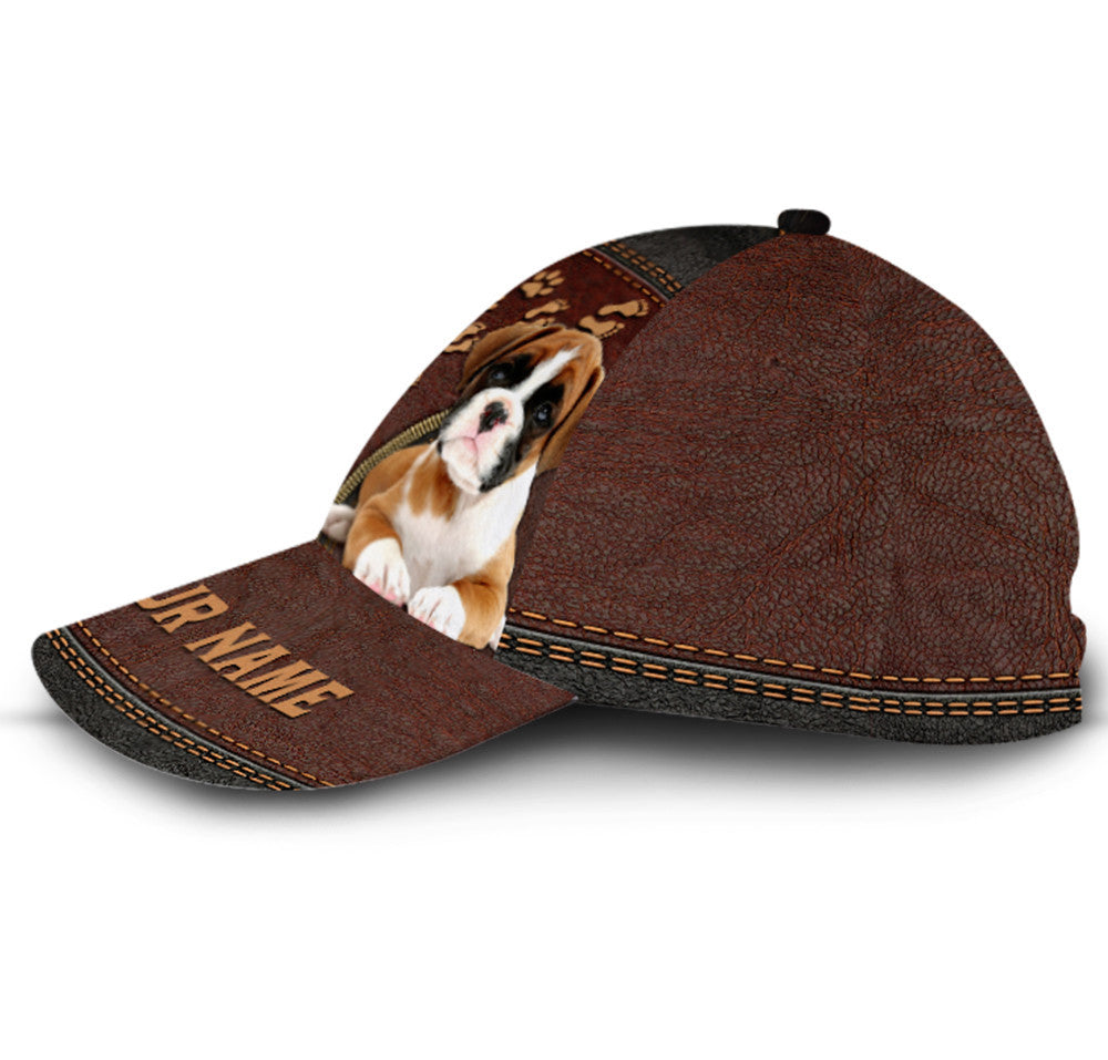 Personalized Footprint Boxer Dog Leather Hat Classic Cap Trucker Hats Custom Hats Gifts For Men & Women