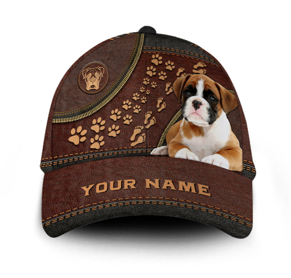 Personalized Footprint Boxer Dog Leather Hat Classic Cap Trucker Hats Custom Hats Gifts For Men & Women