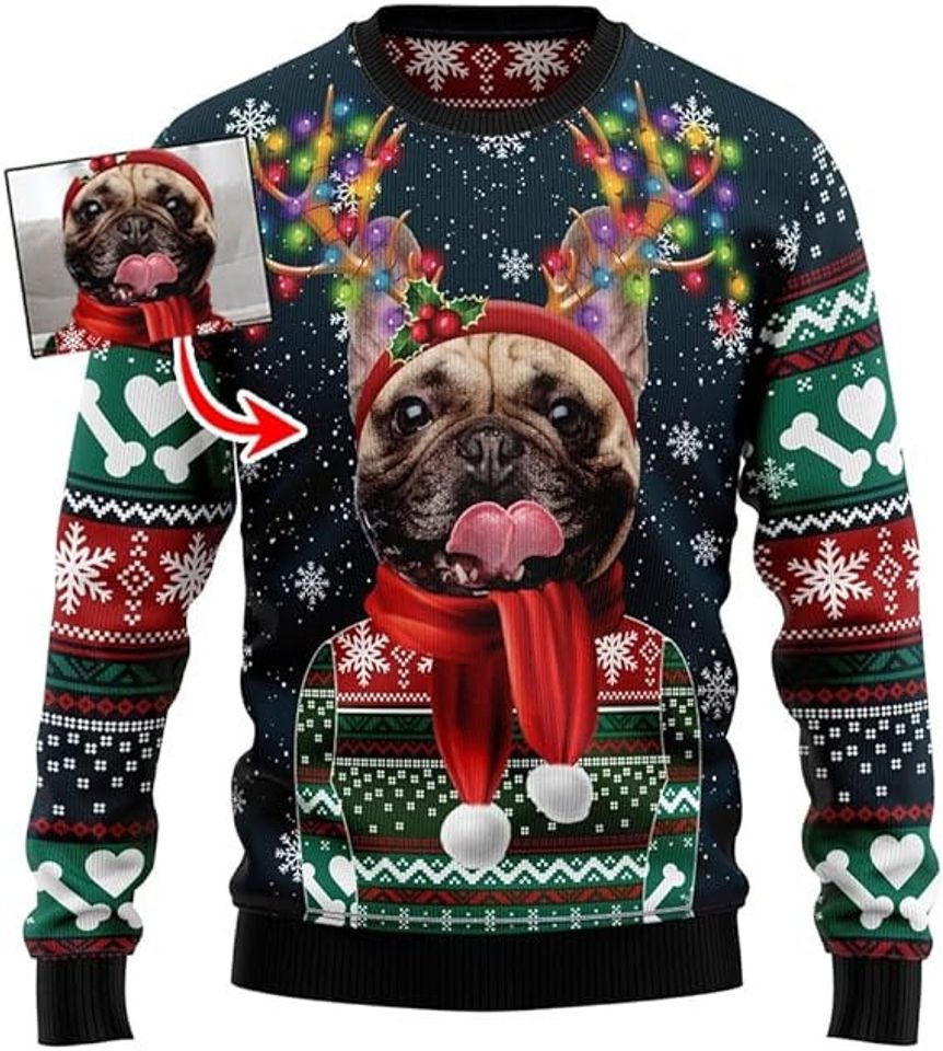 Personalized Funny Dog Photo Christmas Ugly Sweater,Custom Pet Photo Christmas Sweater