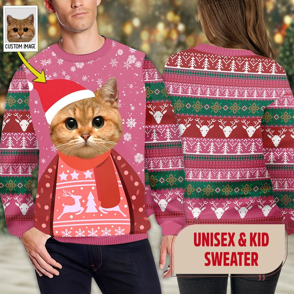 Personalized Funny Pet Photo Christmas Ugly Sweater, Custom Pet Lover Photo Christmas Sweater - Image 2