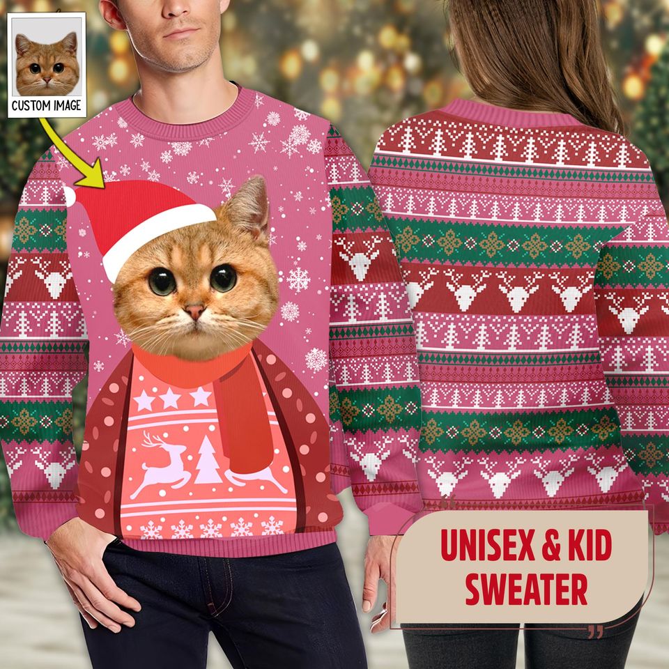 Personalized Funny Pet Photo Christmas Ugly Sweater, Custom Pet Lover Photo Christmas Sweater