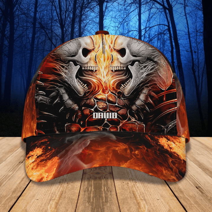 Personalized Funny Skull Fire Classic Cap for Men, Skull Hat for Skull Lovers Trucker Hats Custom Hats Gifts For Men & Women