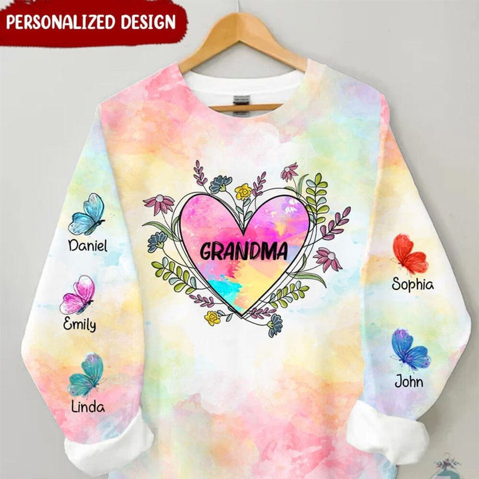 Personalized Grandma Heart With Grandkids Flower 3D Sweater