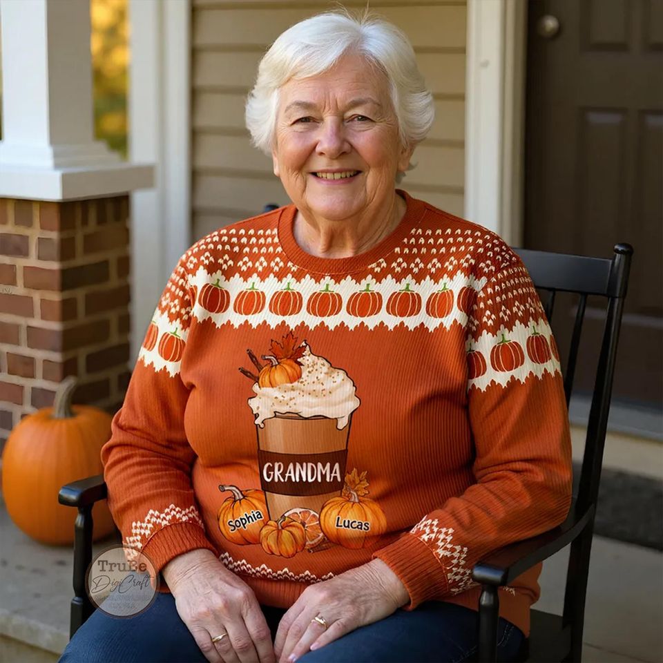 Personalized Grandma Pumpkin Spice Latte Ugly Sweater, Cozy Fall Vibe Sweater